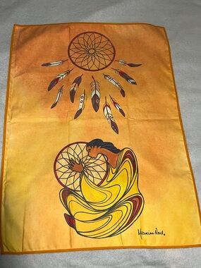 Yellow Sioux Dreamcatcher microfiber tea towel with Native artist Maxine Noel